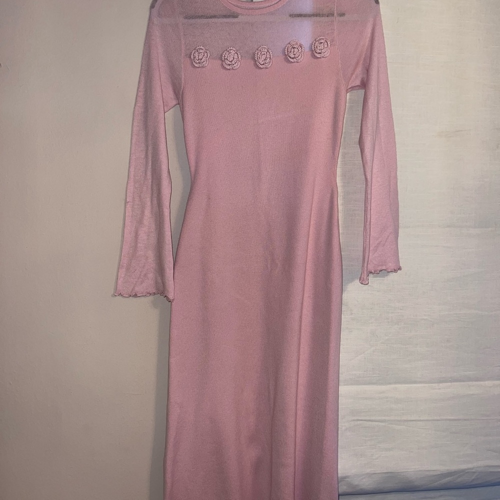 Women's Pink Long Sleeve Floral Appliqué Dress